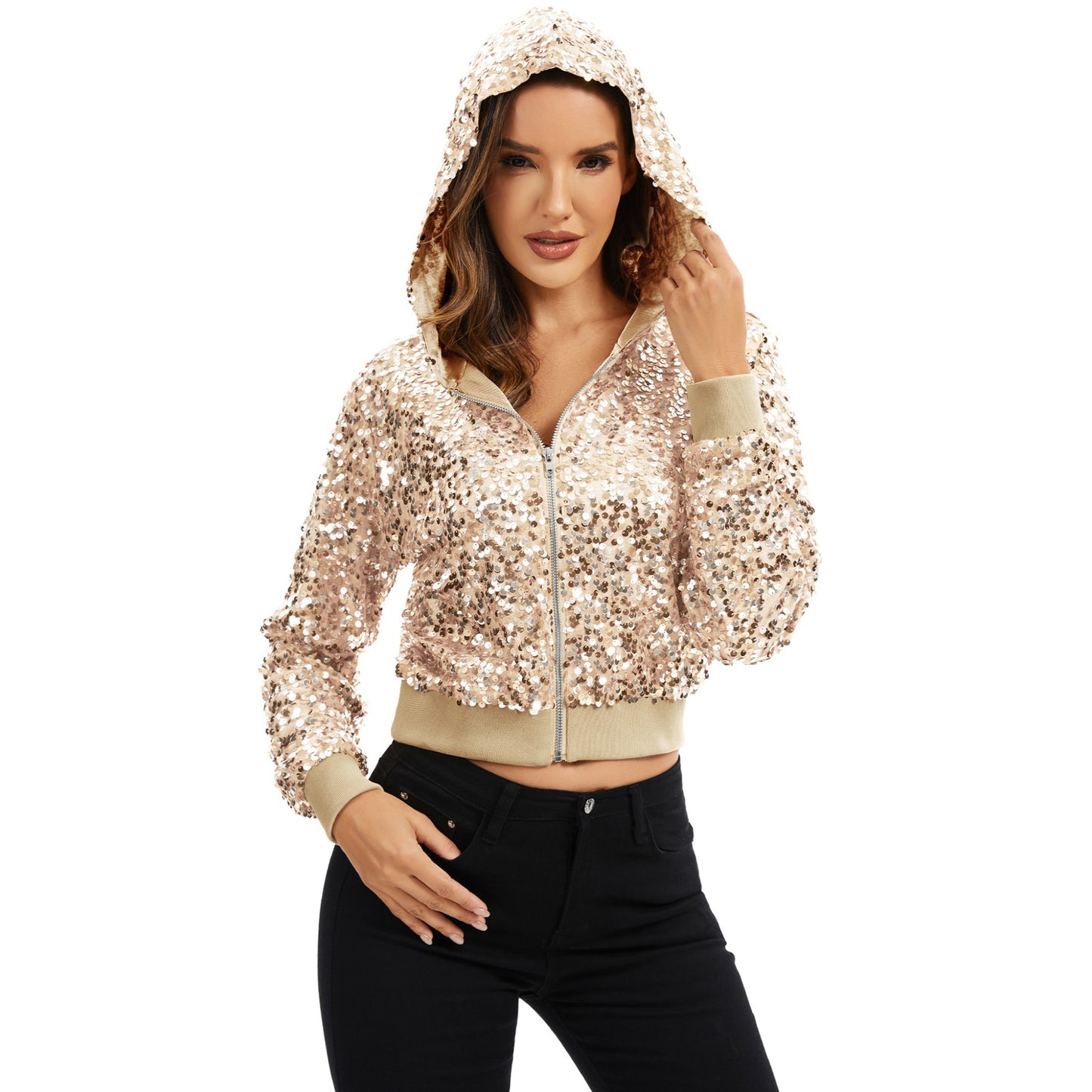 Anna-Kaci Women's Sequin Zip-Up Hooded Jacket with Ribbed Hem and Long Sleeves for Party Wear