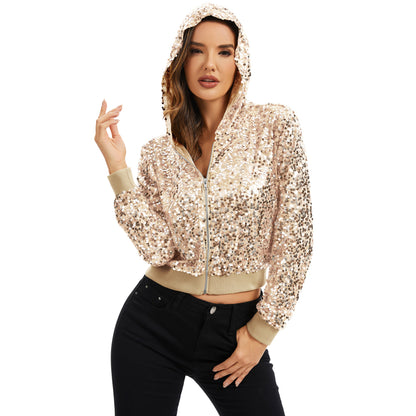 Anna-Kaci Women's Sequin Zip-Up Hooded Jacket with Ribbed Hem and Long Sleeves for Party Wear