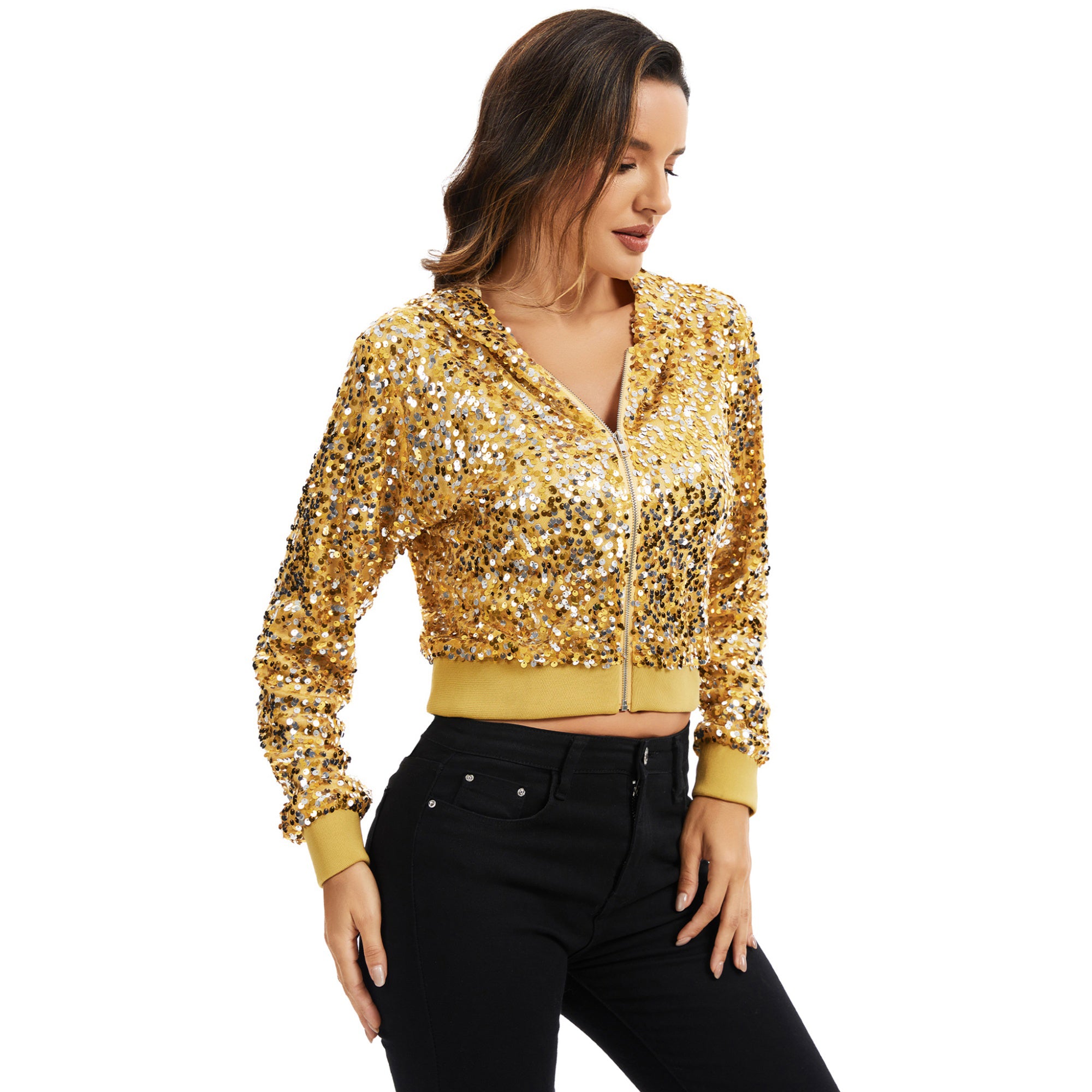 Anna-Kaci Women's Sequin Zip-Up Hooded Jacket with Ribbed Hem and Long Sleeves for Party Wear