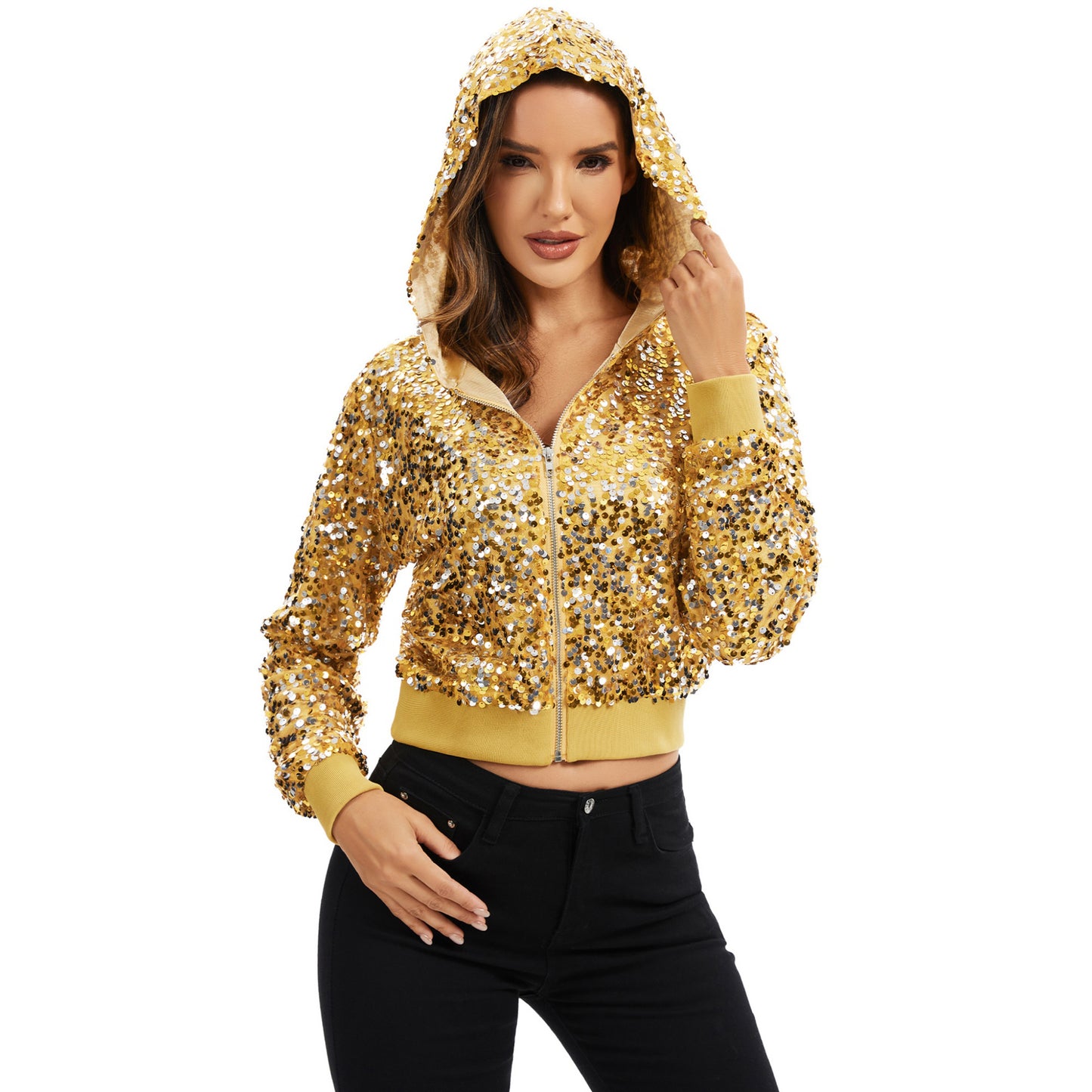 Anna-Kaci Women's Sequin Zip-Up Hooded Jacket with Ribbed Hem and Long Sleeves for Party Wear