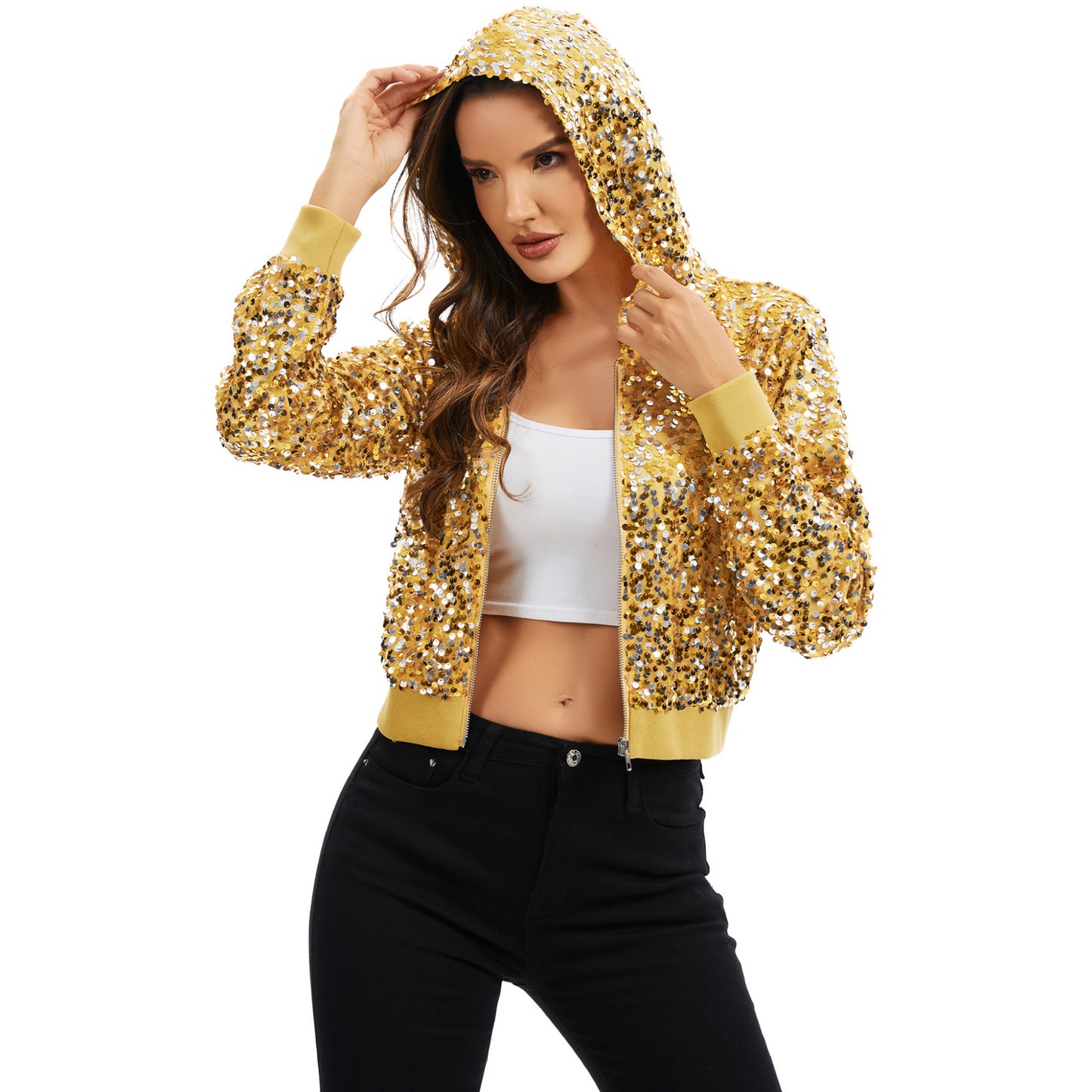 Anna-Kaci Women's Sequin Zip-Up Hooded Jacket with Ribbed Hem and Long Sleeves for Party Wear