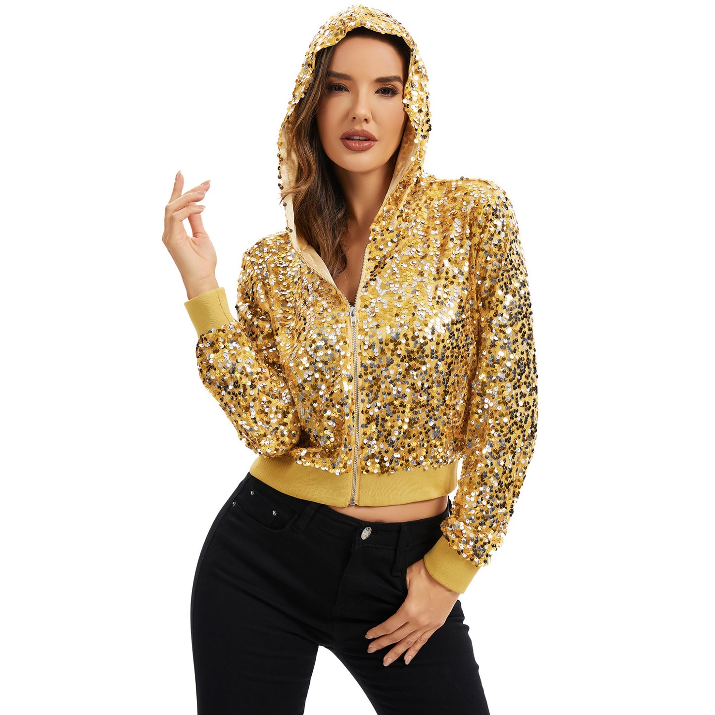Anna-Kaci Women's Sequin Zip-Up Hooded Jacket with Ribbed Hem and Long Sleeves for Party Wear