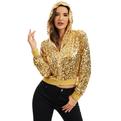 Anna-Kaci Women's Sequin Zip-Up Hooded Jacket with Ribbed Hem and Long Sleeves for Party Wear