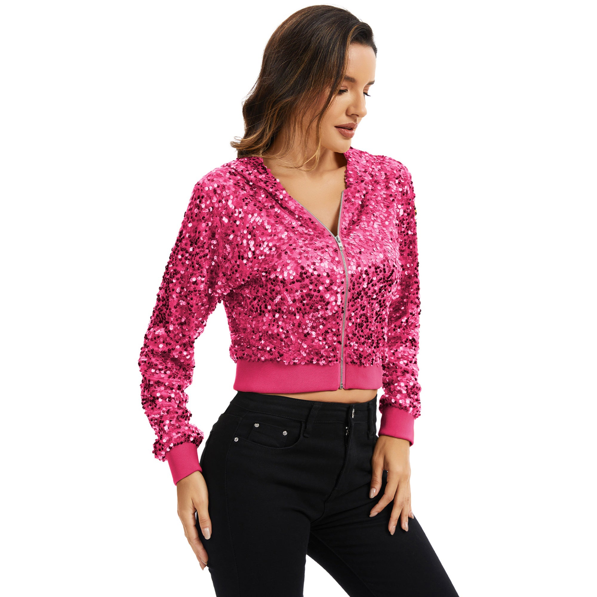Anna-Kaci Women's Sequin Zip-Up Hooded Jacket with Ribbed Hem and Long Sleeves for Party Wear