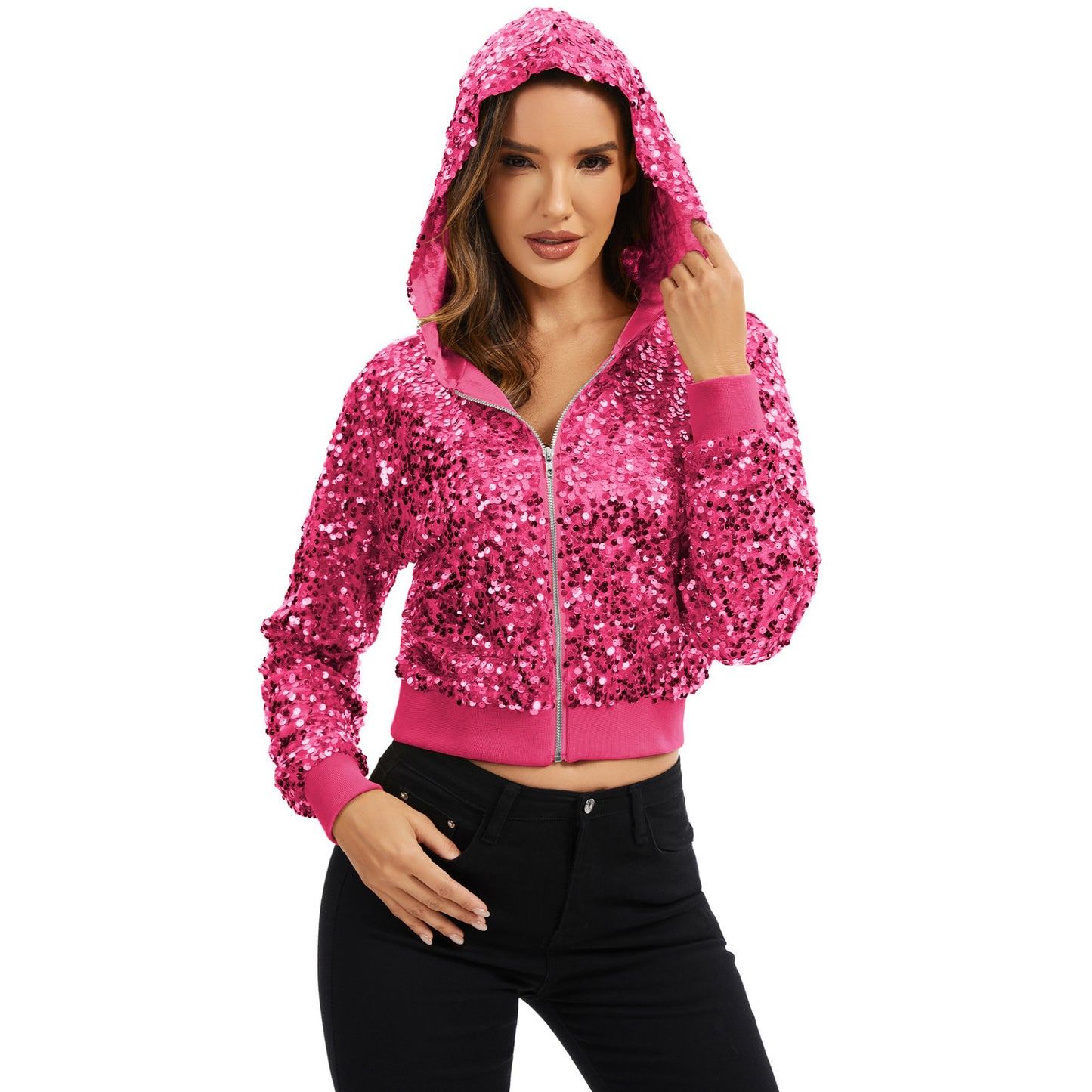 Anna-Kaci Women's Sequin Zip-Up Hooded Jacket with Ribbed Hem and Long Sleeves for Party Wear