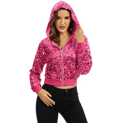 Anna-Kaci Women's Sequin Zip-Up Hooded Jacket with Ribbed Hem and Long Sleeves for Party Wear