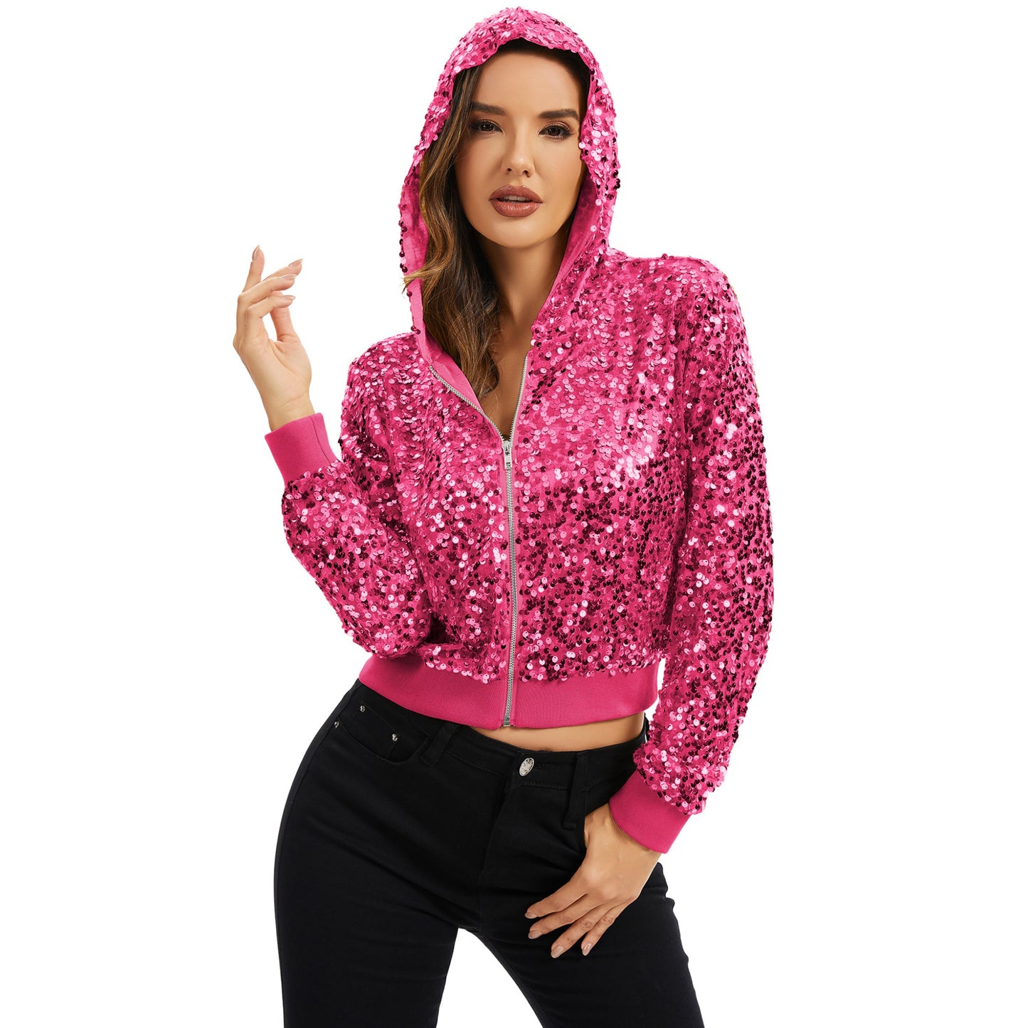 Anna-Kaci Women's Sequin Zip-Up Hooded Jacket with Ribbed Hem and Long Sleeves for Party Wear