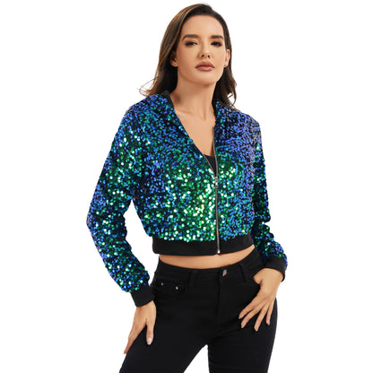Anna-Kaci Women's Sequin Zip-Up Hooded Jacket with Ribbed Hem and Long Sleeves for Party Wear