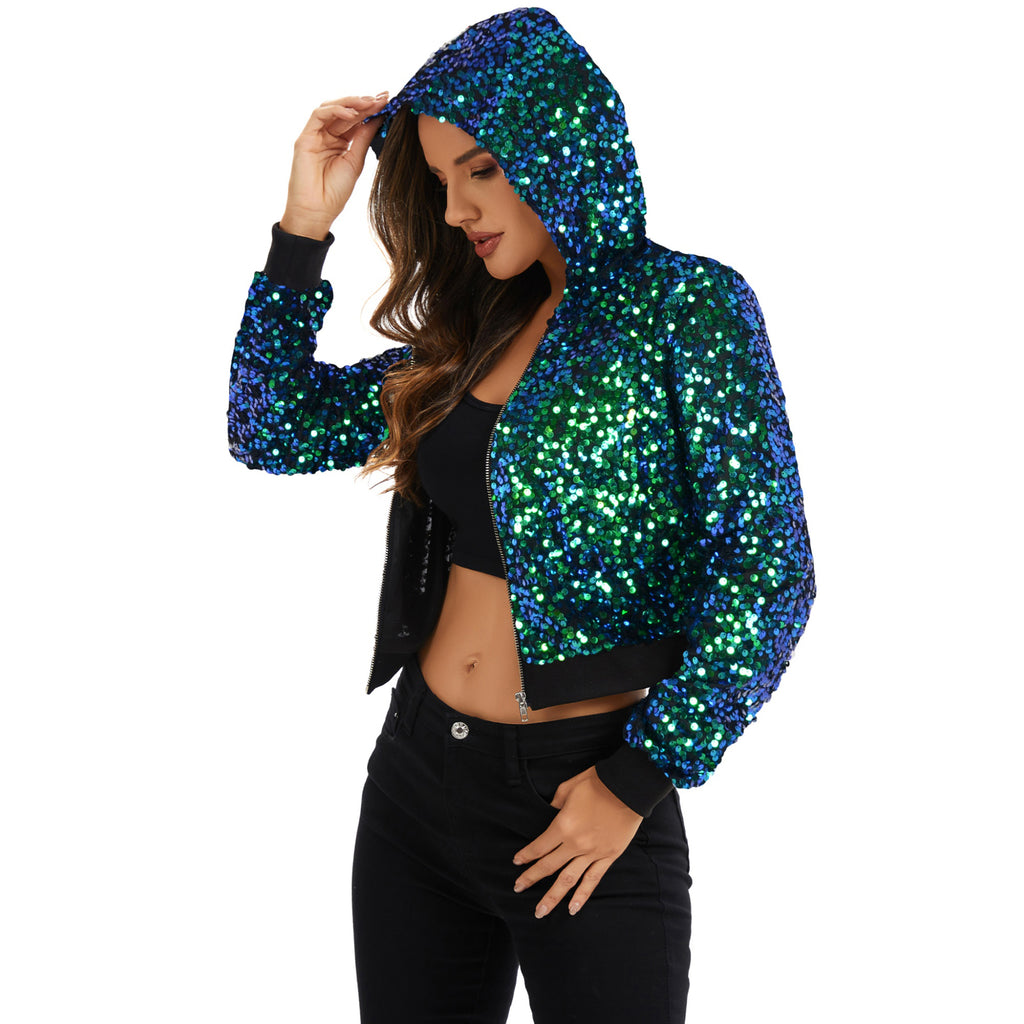 Anna-Kaci Women's Sequin Zip-Up Hooded Jacket with Ribbed Hem and Long Sleeves for Party Wear