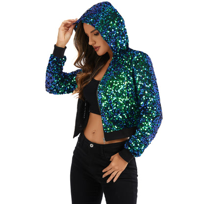 Anna-Kaci Women's Sequin Zip-Up Hooded Jacket with Ribbed Hem and Long Sleeves for Party Wear