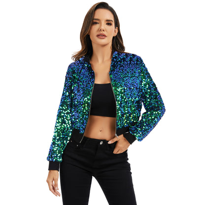 Anna-Kaci Women's Sequin Zip-Up Hooded Jacket with Ribbed Hem and Long Sleeves for Party Wear