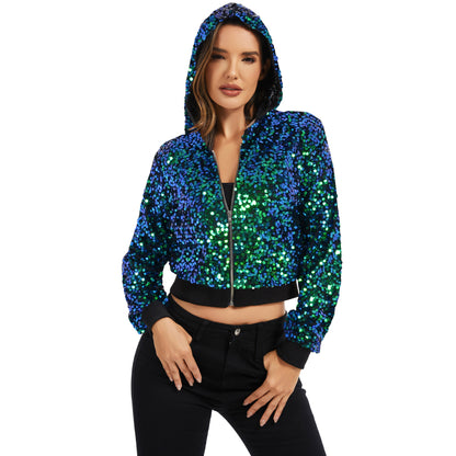 Anna-Kaci Women's Sequin Zip-Up Hooded Jacket with Ribbed Hem and Long Sleeves for Party Wear