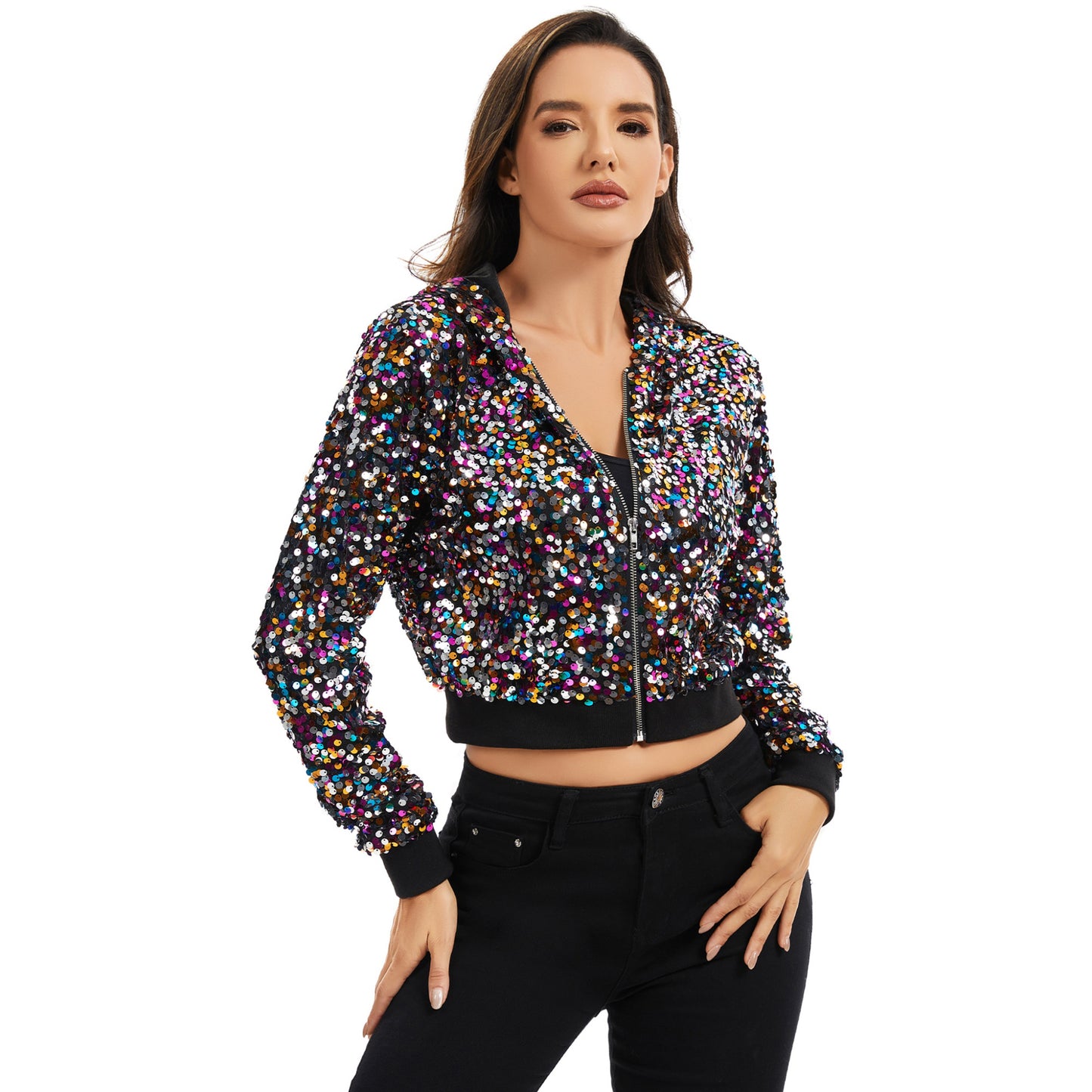 Anna-Kaci Women's Sequin Zip-Up Hooded Jacket with Ribbed Hem and Long Sleeves for Party Wear