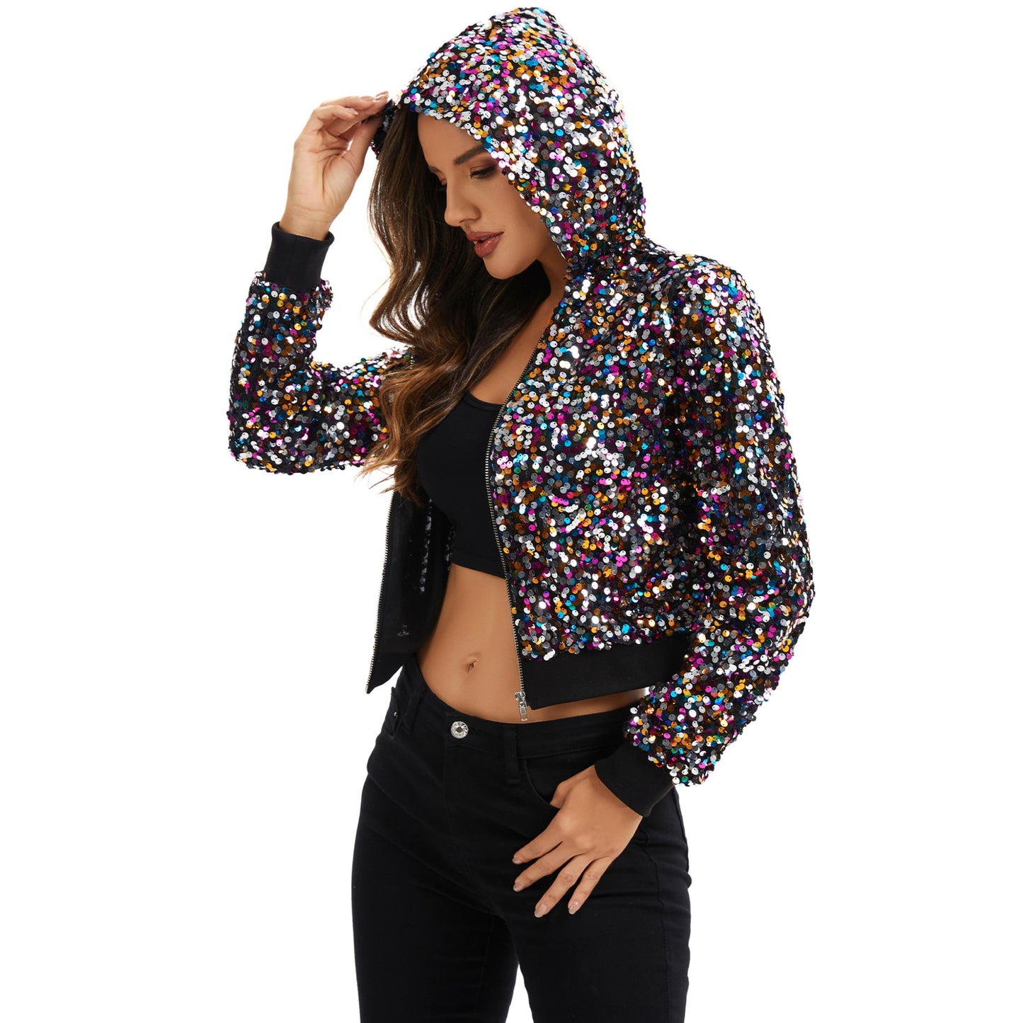 Anna-Kaci Women's Sequin Zip-Up Hooded Jacket with Ribbed Hem and Long Sleeves for Party Wear