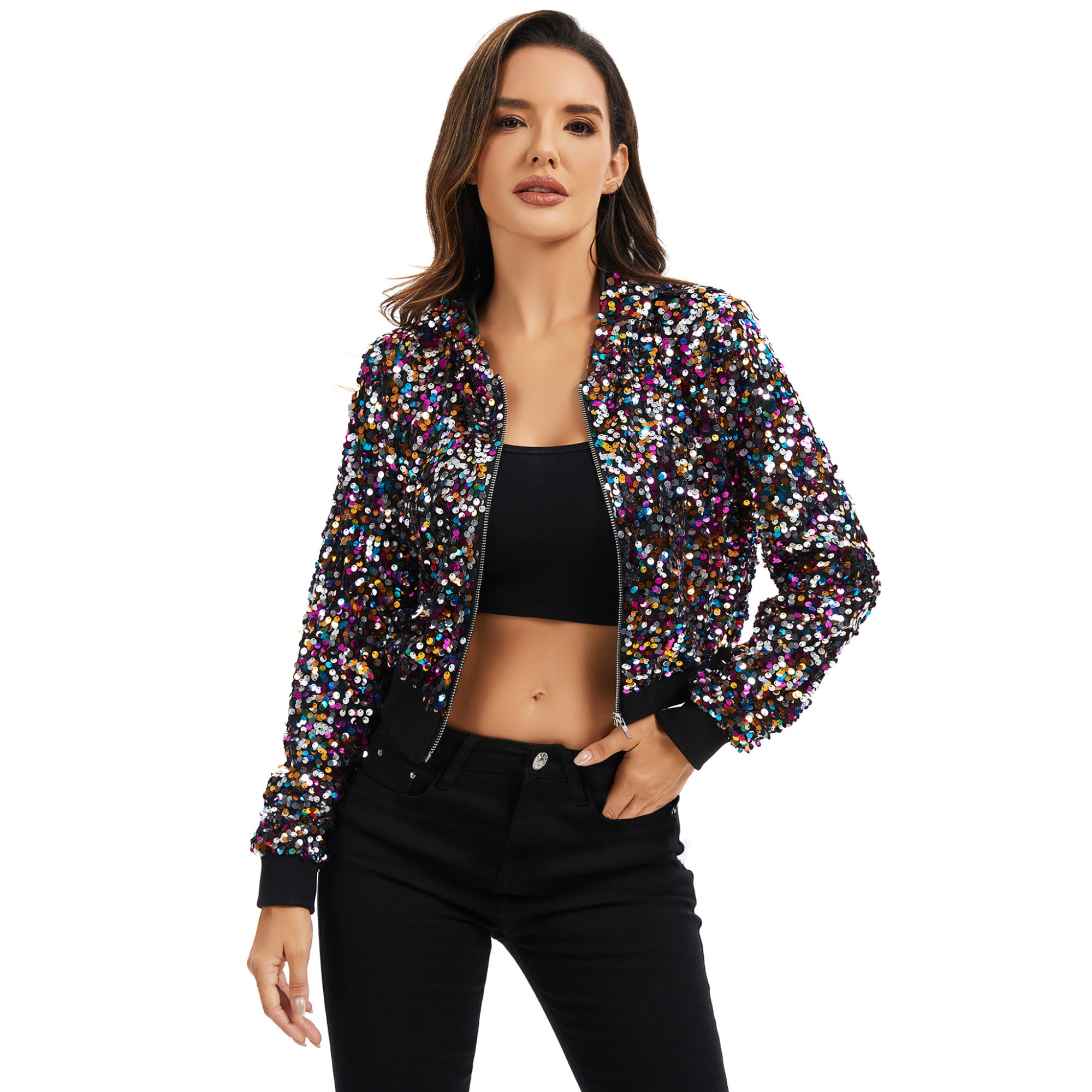 Anna-Kaci Women's Sequin Zip-Up Hooded Jacket with Ribbed Hem and Long Sleeves for Party Wear