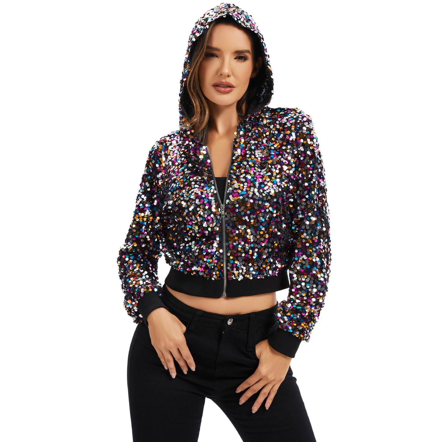Anna-Kaci Women's Sequin Zip-Up Hooded Jacket with Ribbed Hem and Long Sleeves for Party Wear