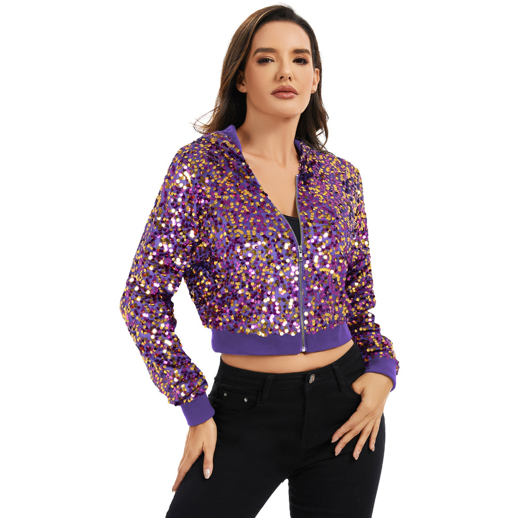 Anna-Kaci Women's Sequin Zip-Up Hooded Jacket with Ribbed Hem and Long Sleeves for Party Wear
