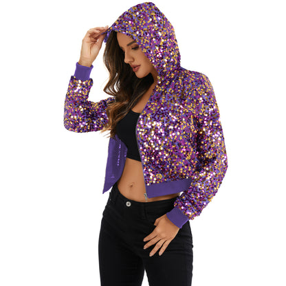 Anna-Kaci Women's Sequin Zip-Up Hooded Jacket with Ribbed Hem and Long Sleeves for Party Wear