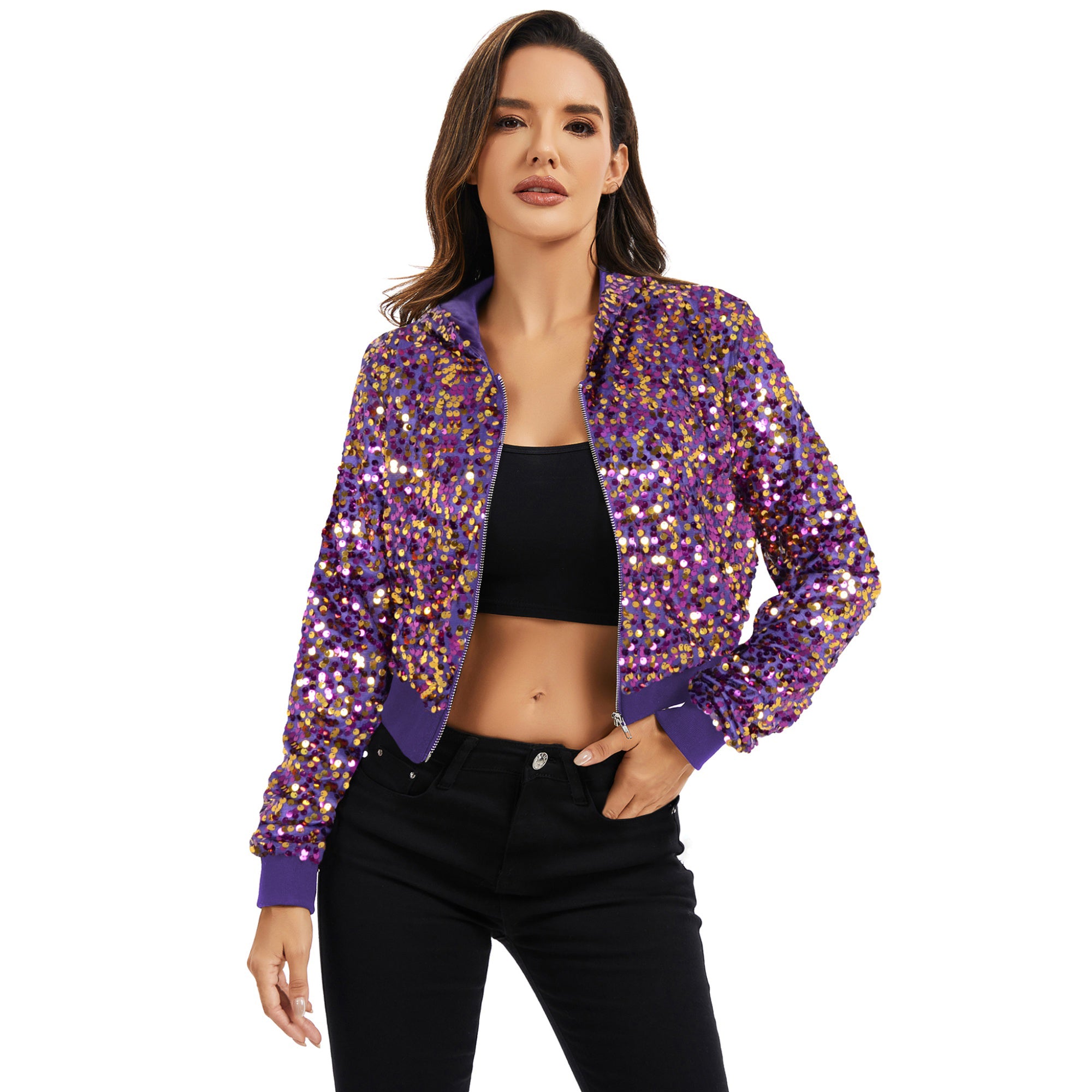 Anna-Kaci Women's Sequin Zip-Up Hooded Jacket with Ribbed Hem and Long Sleeves for Party Wear