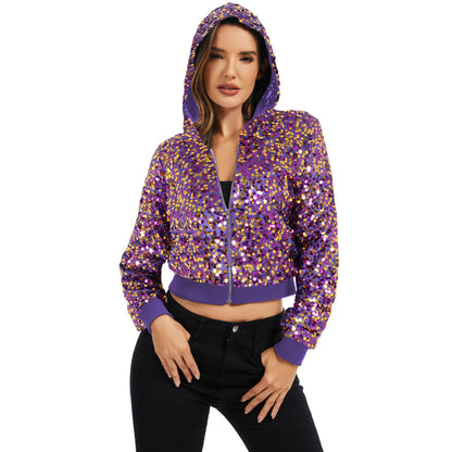 Anna-Kaci Women's Sequin Zip-Up Hooded Jacket with Ribbed Hem and Long Sleeves for Party Wear