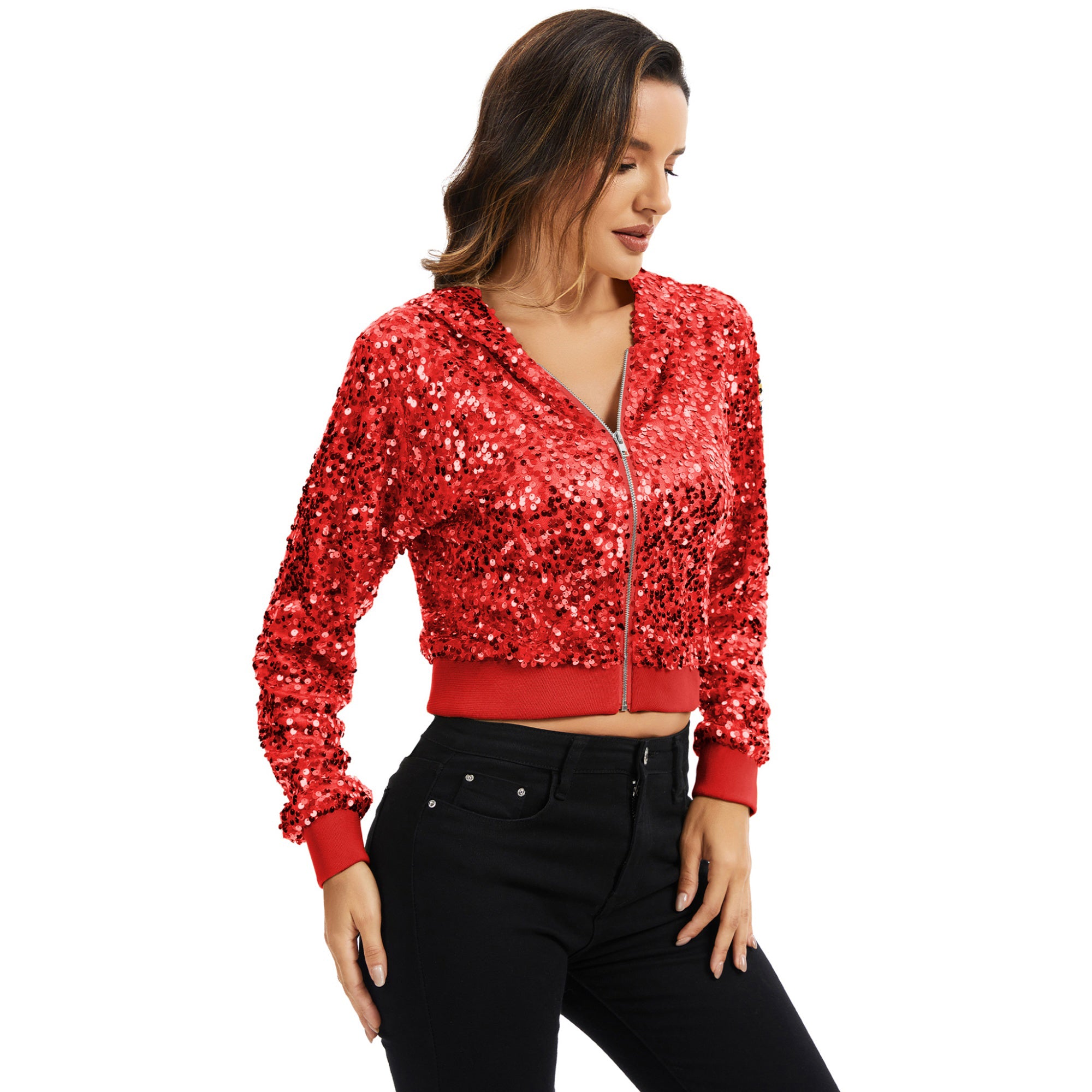 Anna-Kaci Women's Sequin Zip-Up Hooded Jacket with Ribbed Hem and Long Sleeves for Party Wear