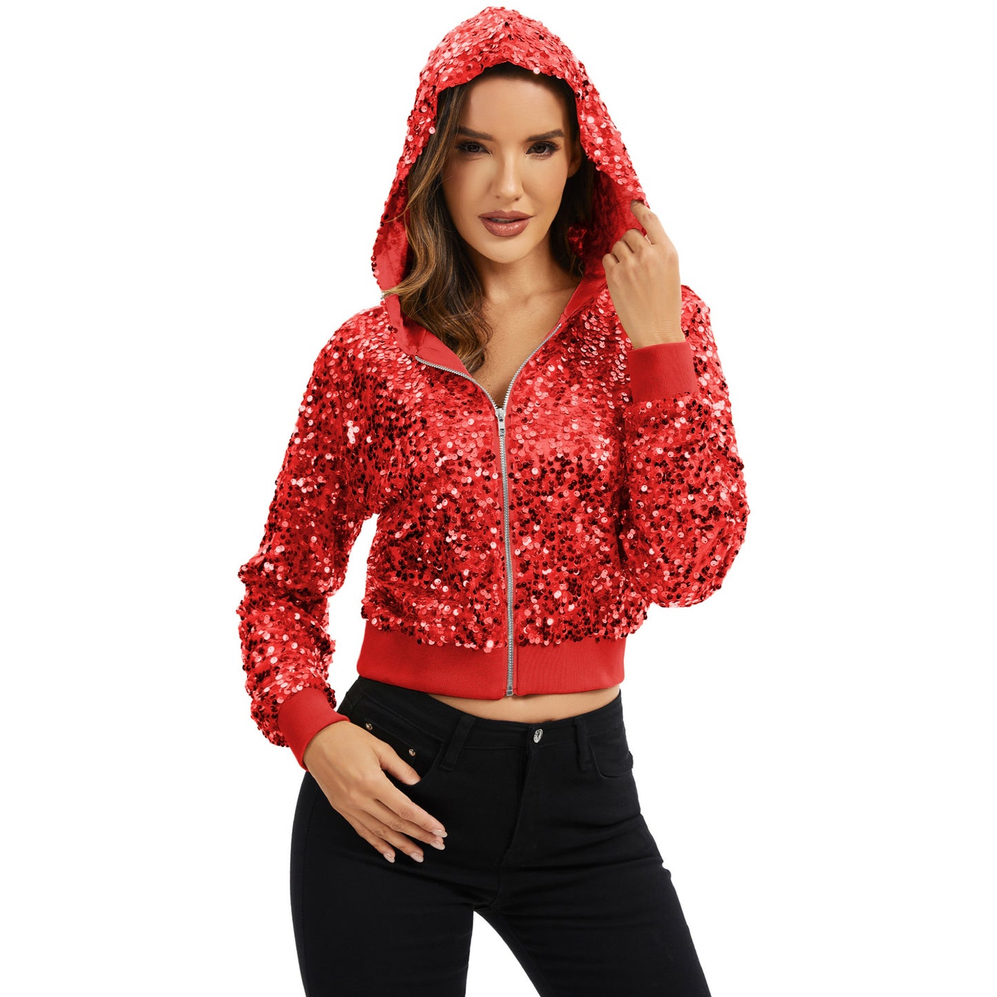 Anna-Kaci Women's Sequin Zip-Up Hooded Jacket with Ribbed Hem and Long Sleeves for Party Wear
