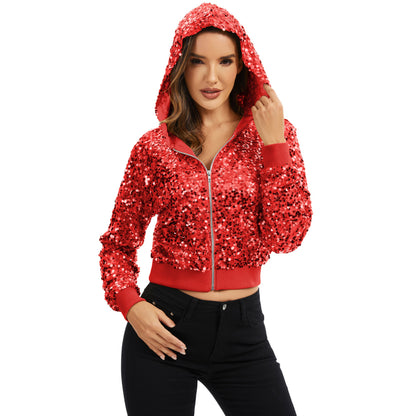 Anna-Kaci Women's Sequin Zip-Up Hooded Jacket with Ribbed Hem and Long Sleeves for Party Wear