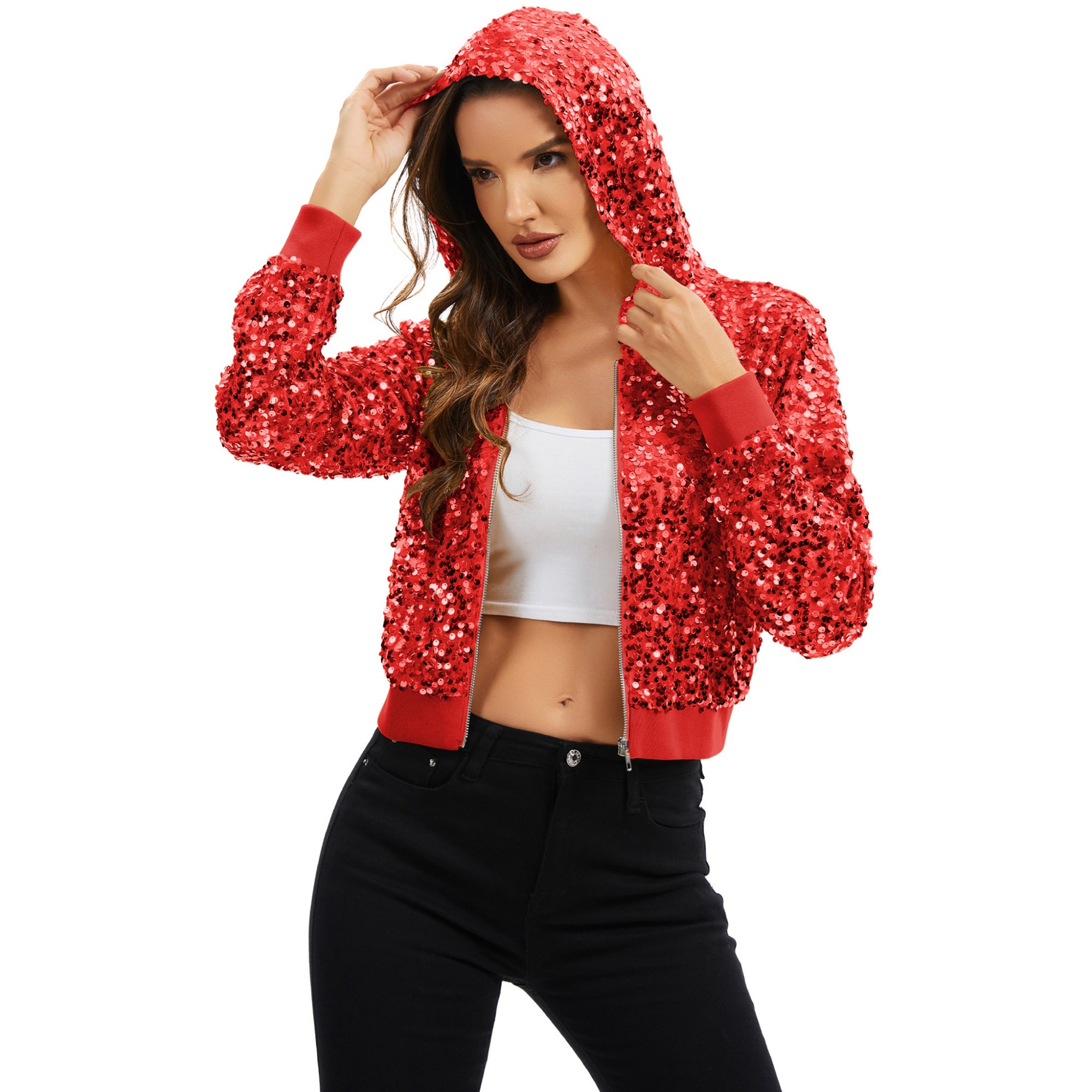 Anna-Kaci Women's Sequin Zip-Up Hooded Jacket with Ribbed Hem and Long Sleeves for Party Wear