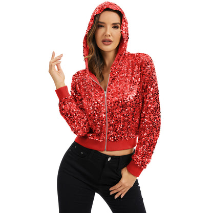 Anna-Kaci Women's Sequin Zip-Up Hooded Jacket with Ribbed Hem and Long Sleeves for Party Wear