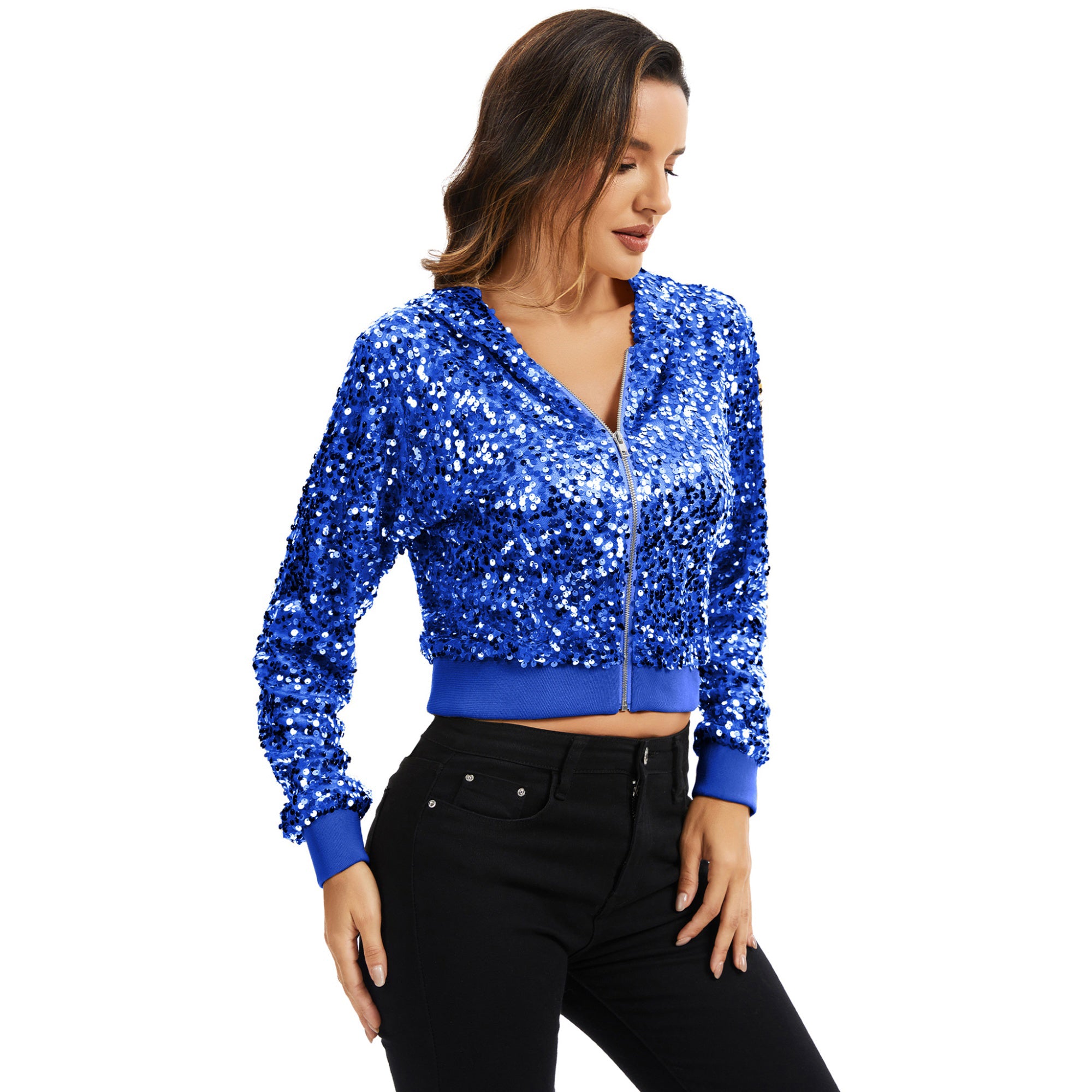 Anna-Kaci Women's Sequin Zip-Up Hooded Jacket with Ribbed Hem and Long Sleeves for Party Wear