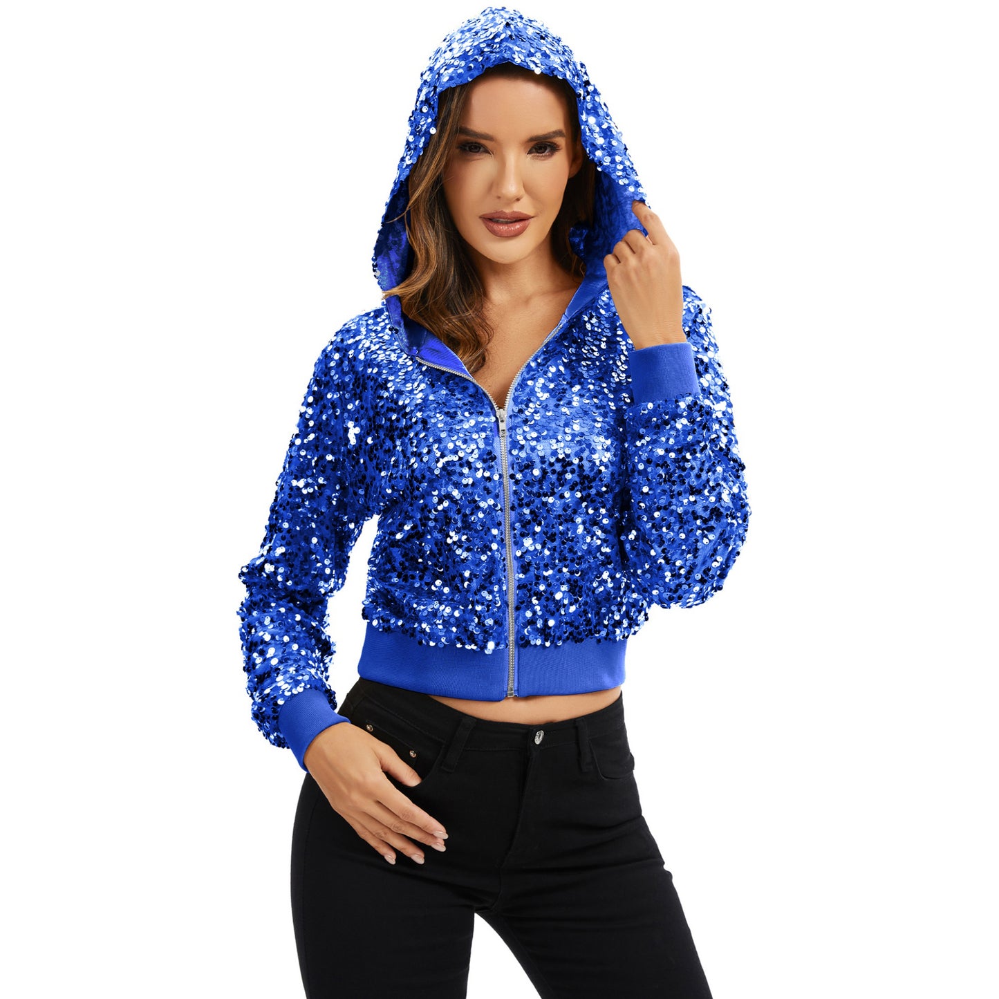 Anna-Kaci Women's Sequin Zip-Up Hooded Jacket with Ribbed Hem and Long Sleeves for Party Wear