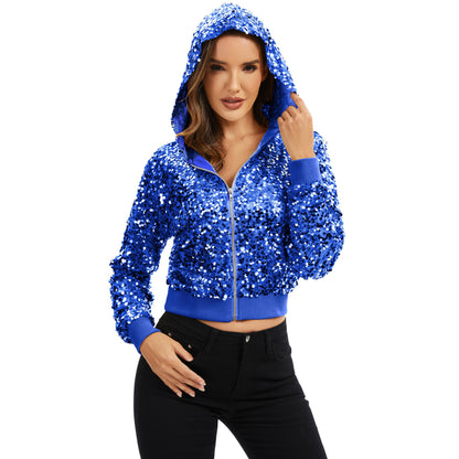 Anna-Kaci Women's Sequin Zip-Up Hooded Jacket with Ribbed Hem and Long Sleeves for Party Wear