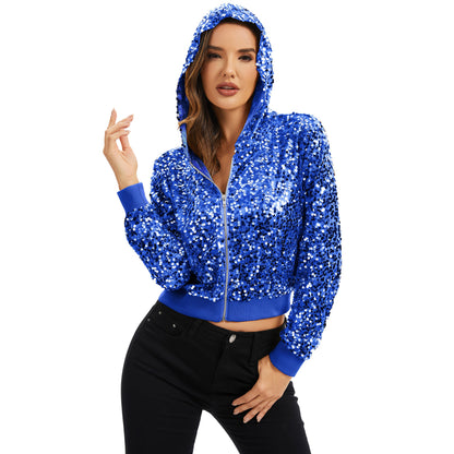 Anna-Kaci Women's Sequin Zip-Up Hooded Jacket with Ribbed Hem and Long Sleeves for Party Wear