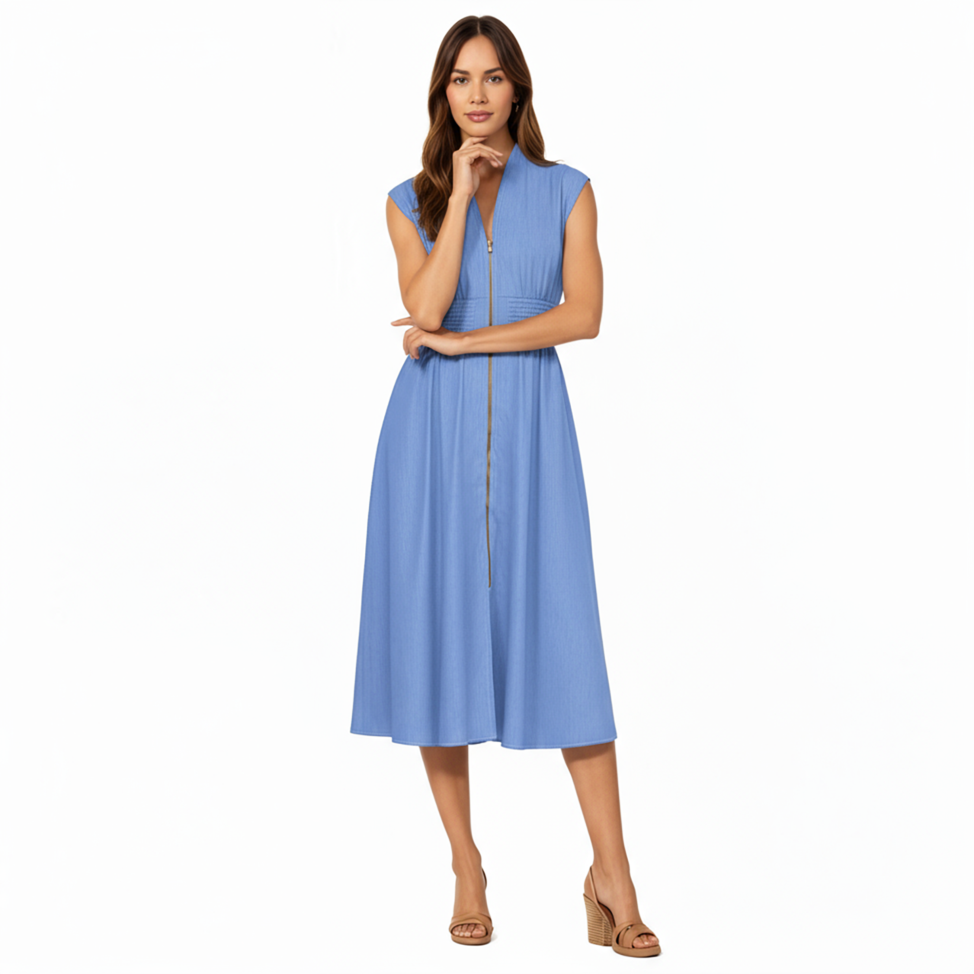 Anna-Kaci Women's Sleeveless Zip-Front Midi Dress with Shirred Waist and Flared Skirt