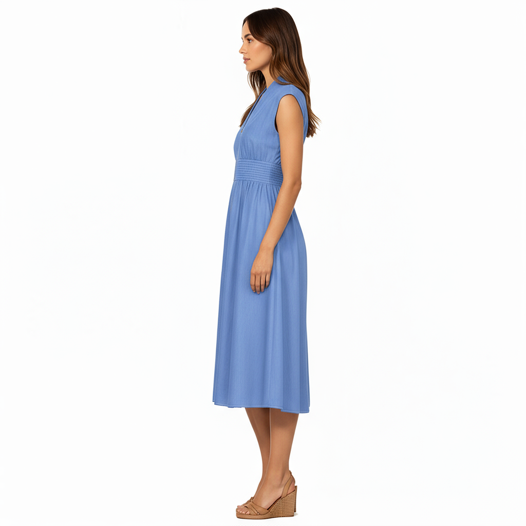 Anna-Kaci Women's Sleeveless Zip-Front Midi Dress with Shirred Waist and Flared Skirt
