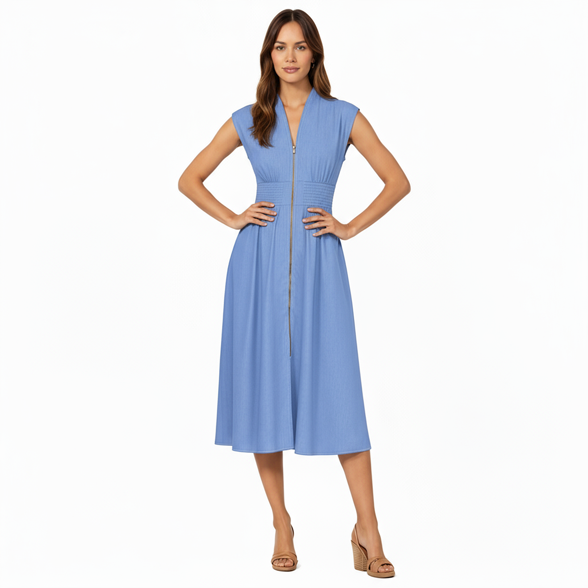 Anna-Kaci Women's Sleeveless Zip-Front Midi Dress with Shirred Waist and Flared Skirt
