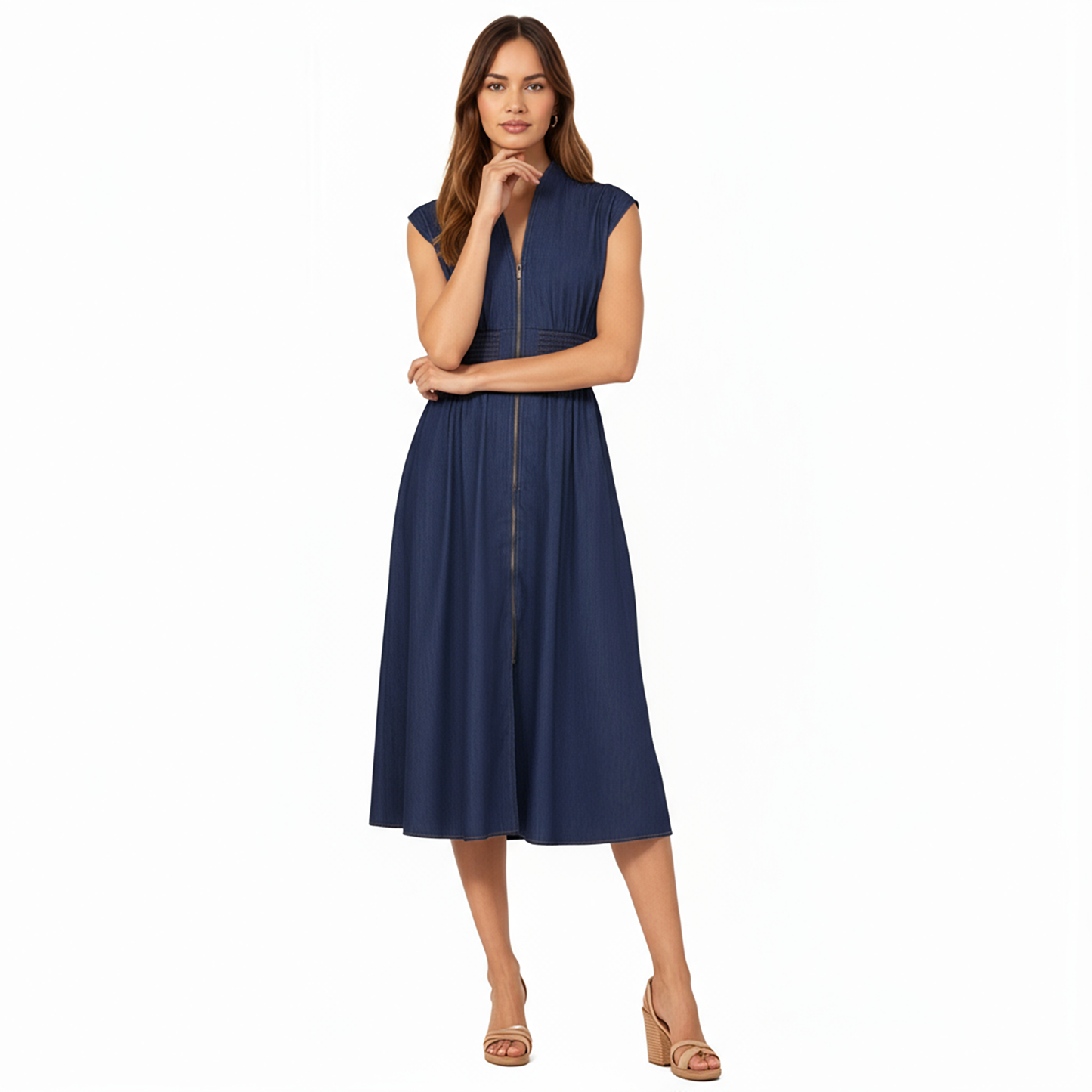 Anna-Kaci Women's Sleeveless Zip-Front Midi Dress with Shirred Waist and Flared Skirt