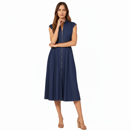 Anna-Kaci Women's Sleeveless Zip-Front Midi Dress with Shirred Waist and Flared Skirt