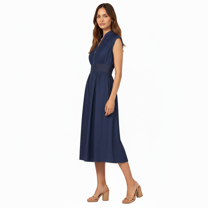 Anna-Kaci Women's Sleeveless Zip-Front Midi Dress with Shirred Waist and Flared Skirt