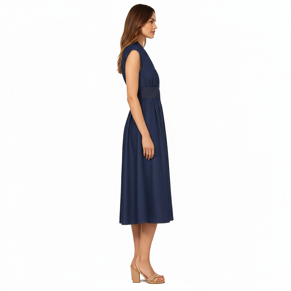 Anna-Kaci Women's Sleeveless Zip-Front Midi Dress with Shirred Waist and Flared Skirt