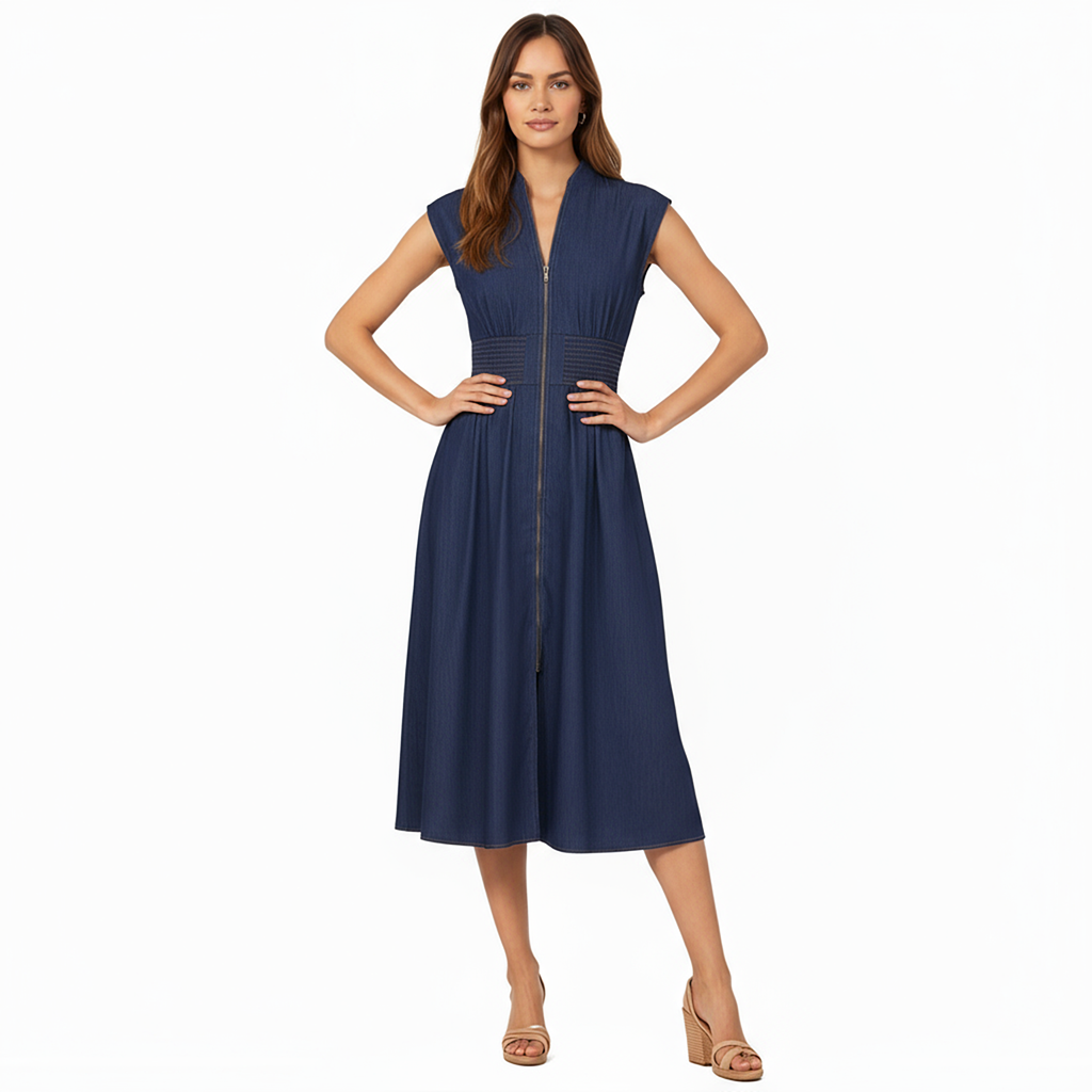 Anna-Kaci Women's Sleeveless Zip-Front Midi Dress with Shirred Waist and Flared Skirt
