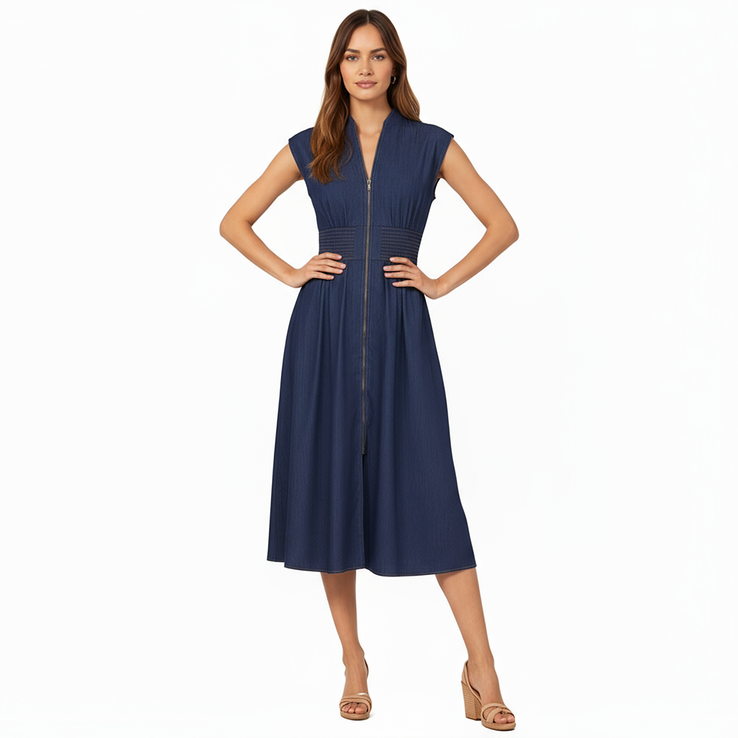 Anna-Kaci Women's Sleeveless Zip-Front Midi Dress with Shirred Waist and Flared Skirt