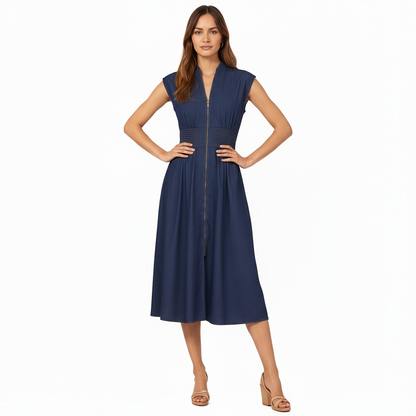 Anna-Kaci Women's Sleeveless Zip-Front Midi Dress with Shirred Waist and Flared Skirt