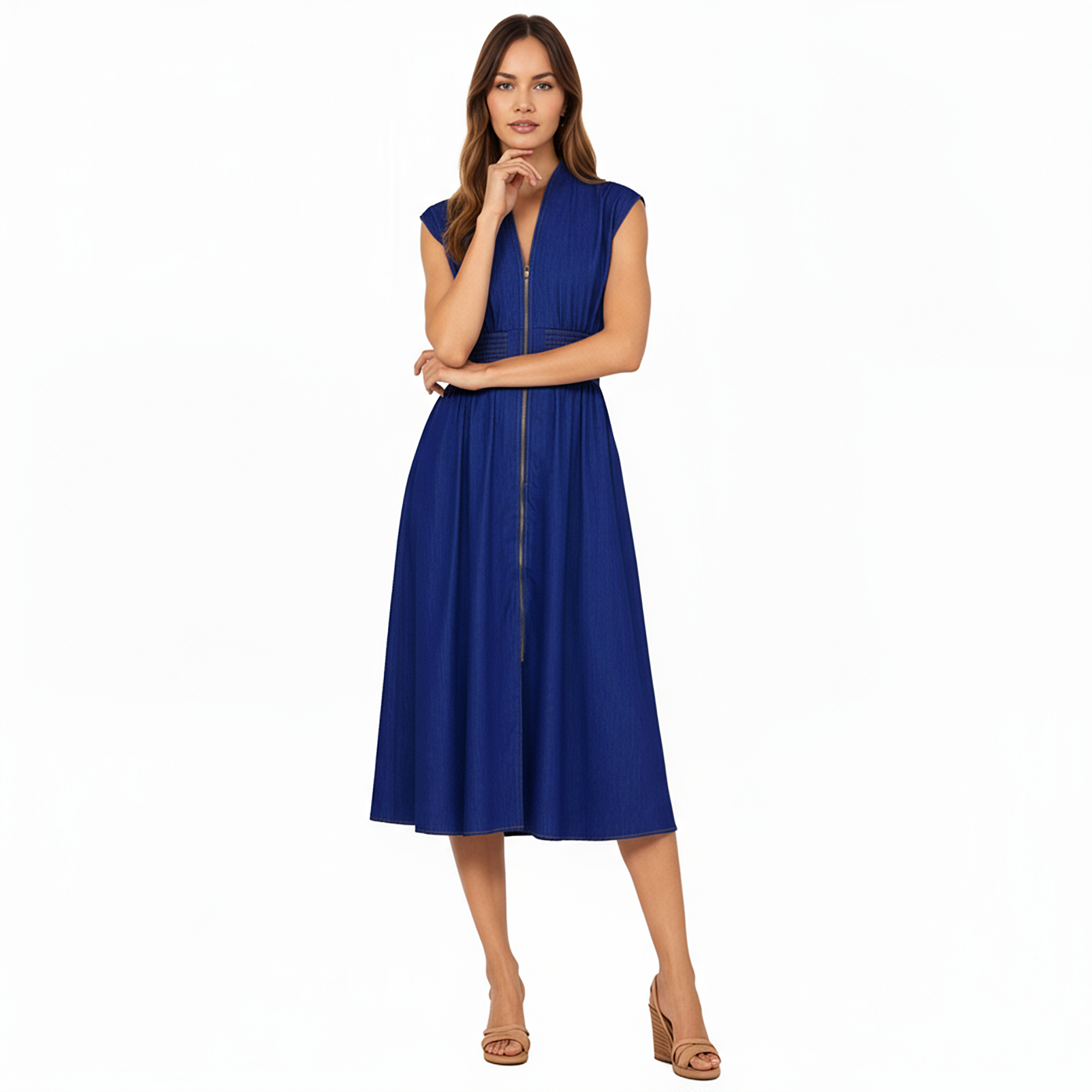 Anna-Kaci Women's Sleeveless Zip-Front Midi Dress with Shirred Waist and Flared Skirt