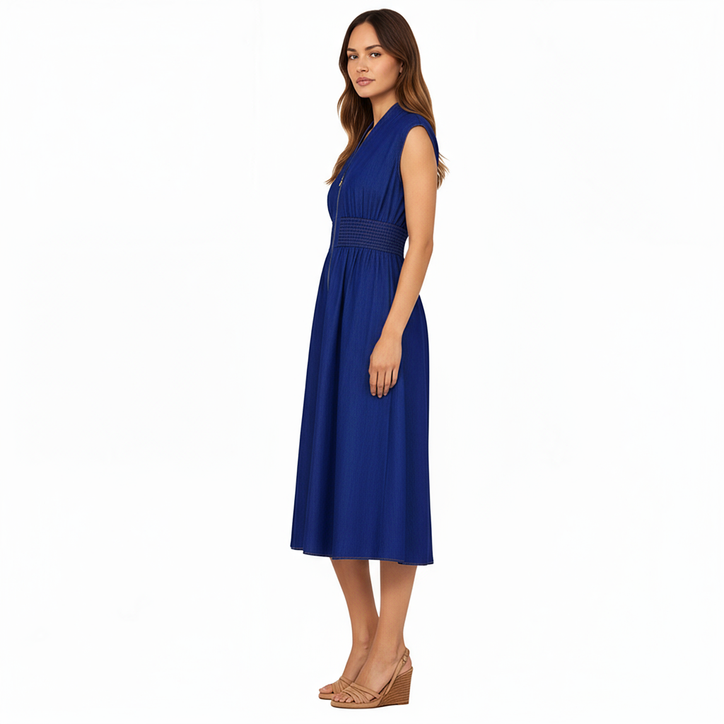 Anna-Kaci Women's Sleeveless Zip-Front Midi Dress with Shirred Waist and Flared Skirt