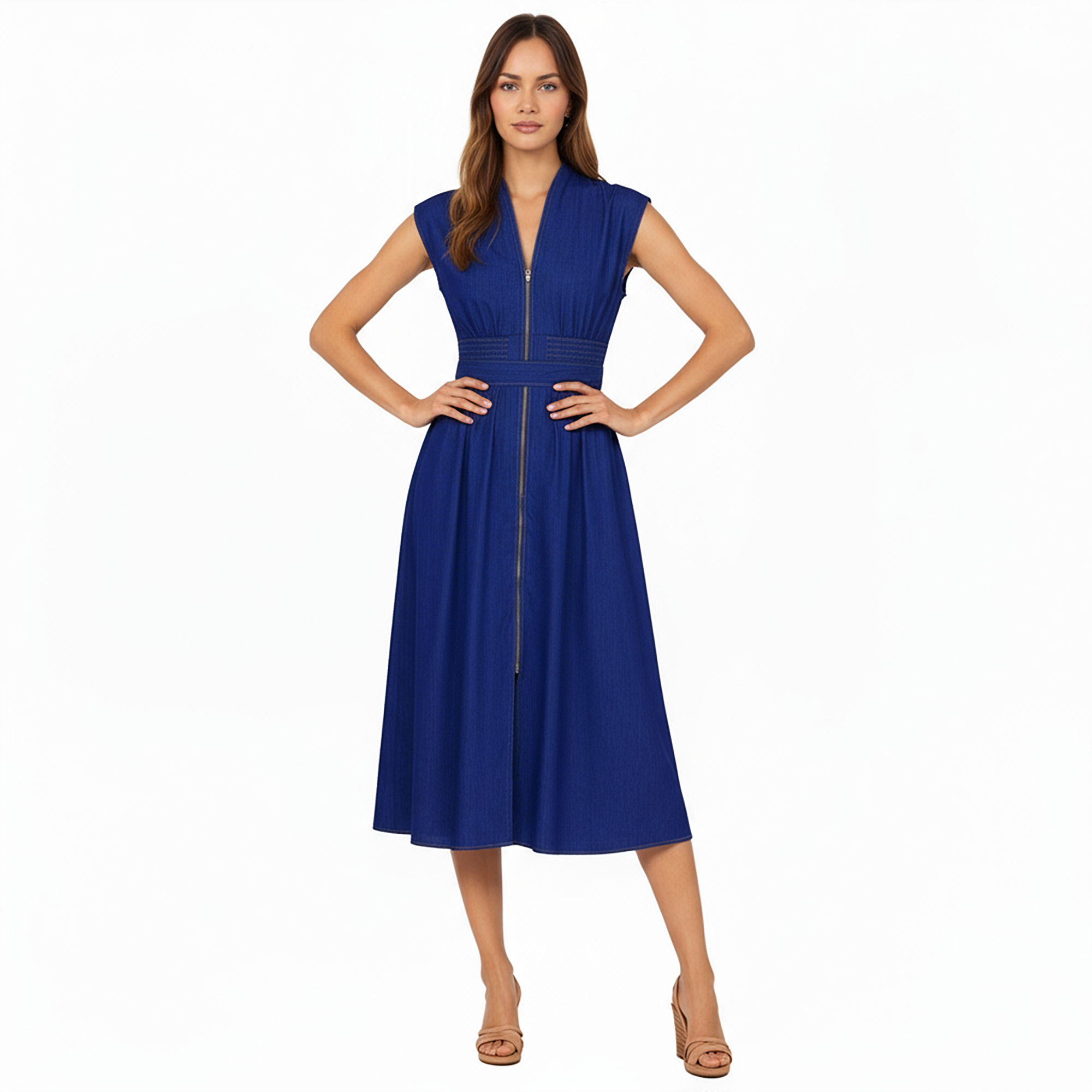 Anna-Kaci Women's Sleeveless Zip-Front Midi Dress with Shirred Waist and Flared Skirt