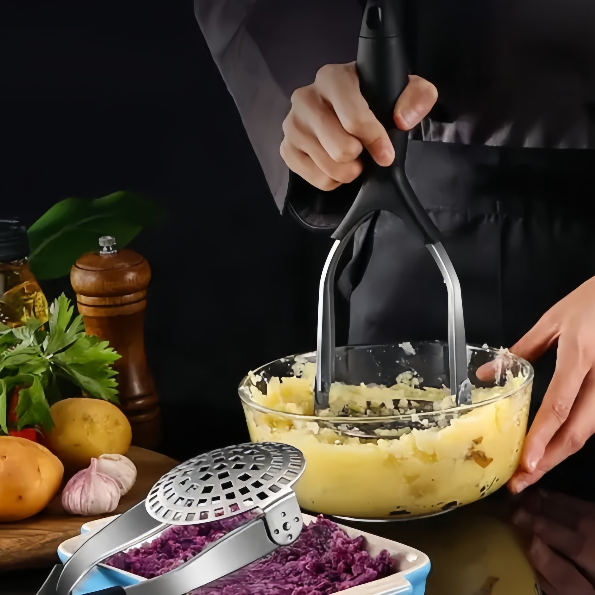 Anna-Kaci Stainless Steel Potato Masher with Ergonomic Handle for Mashed Potatoes and Vegetables