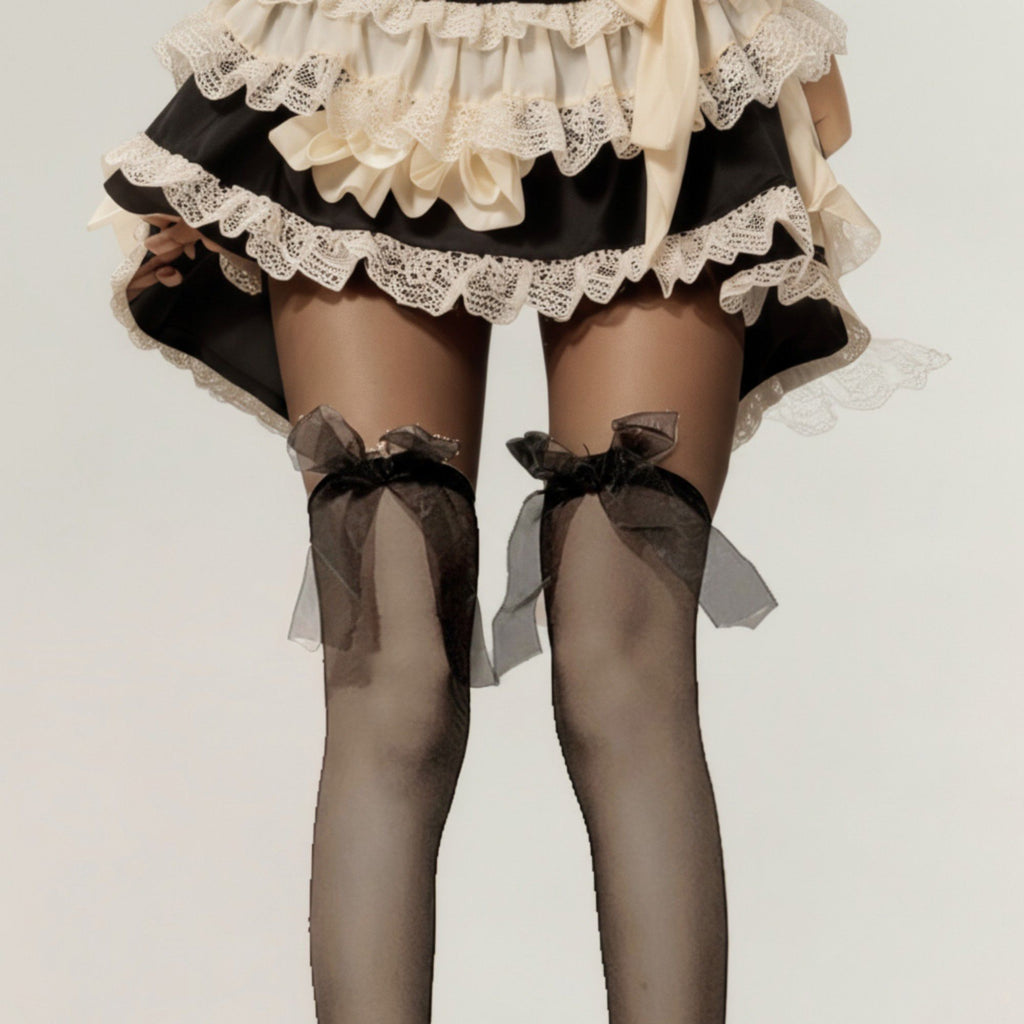 Anna-Kaci 2pcs Women's Sheer Thigh High Stockings with Oversized Organza Bow Accents and Soft Stretch Fit for Elegant Feminine Styling