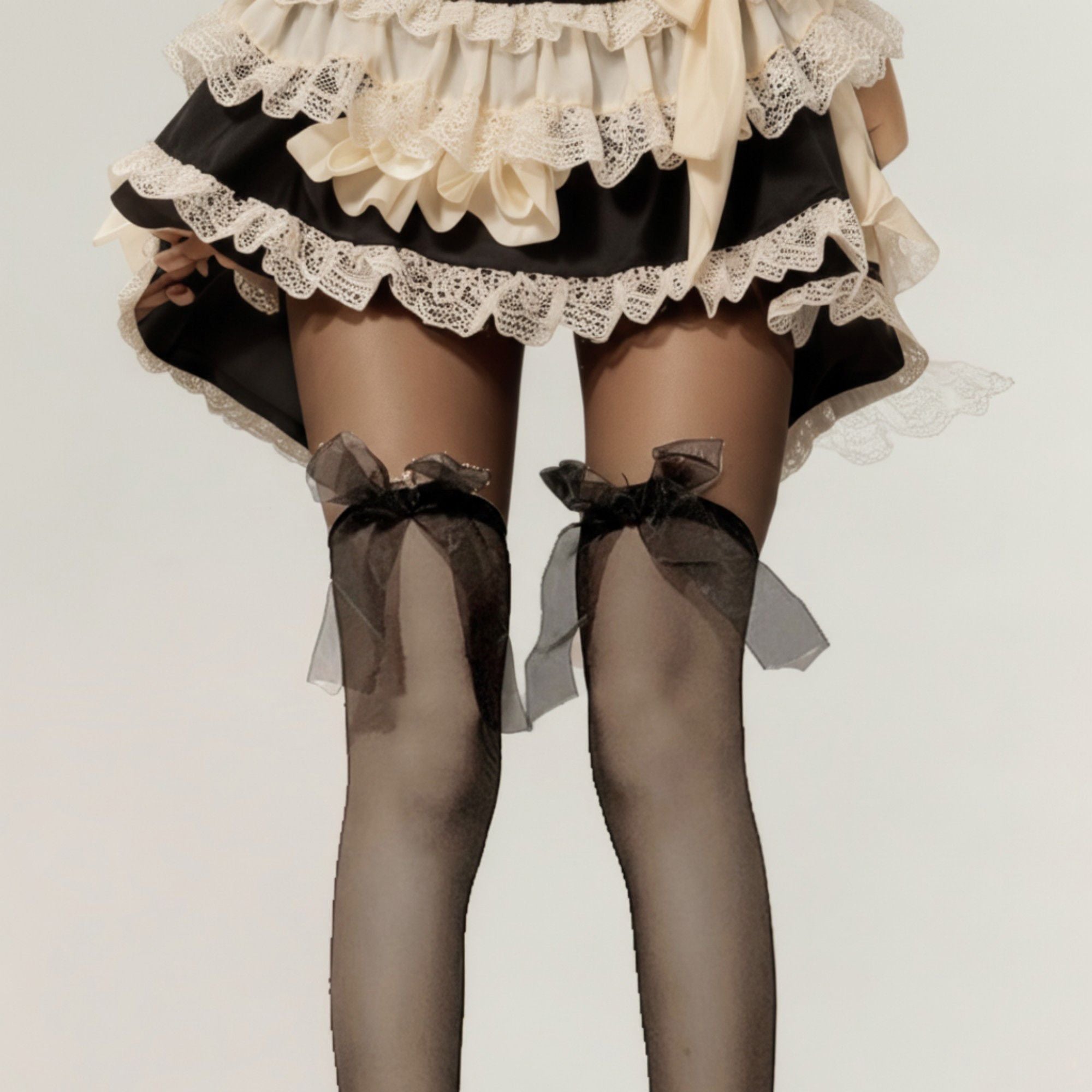 Anna-Kaci 2pcs Women's Sheer Thigh High Stockings with Oversized Organza Bow Accents and Soft Stretch Fit for Elegant Feminine Styling