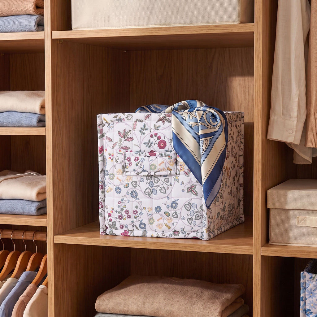 Floral Quilted Fabric Storage Cube Bin with Carry Handles